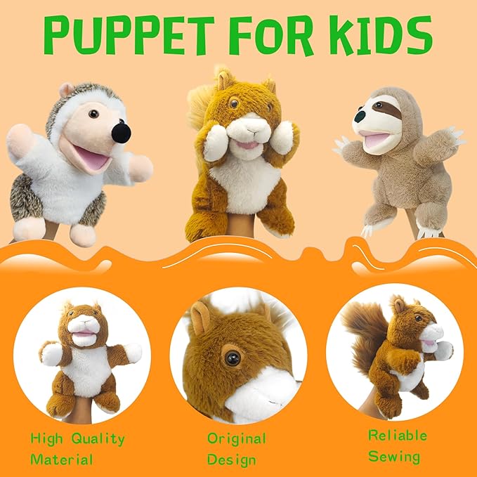 Hand Puppets,10" Squirrel Hand Puppet for Kids,Hand Puppets for Toddlers 1-3 and Kids with Movable Mouth,Sloth Stuffed Animal Plush Puppets Toy Gift for Interactive Storytelling (Squirrel)