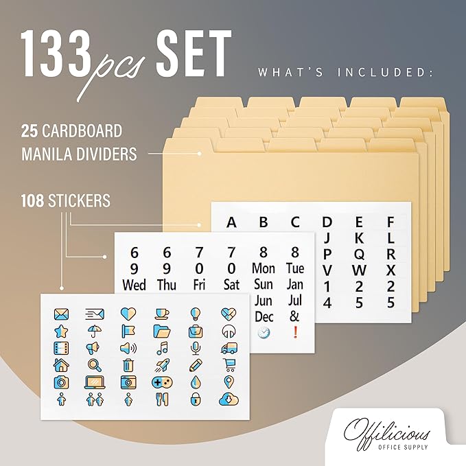 25 Heavyweight Manila Index Card Box Dividers with Tabs & 108 Stickers, Alphabetical File Dividers for 5x8 Index Card Box