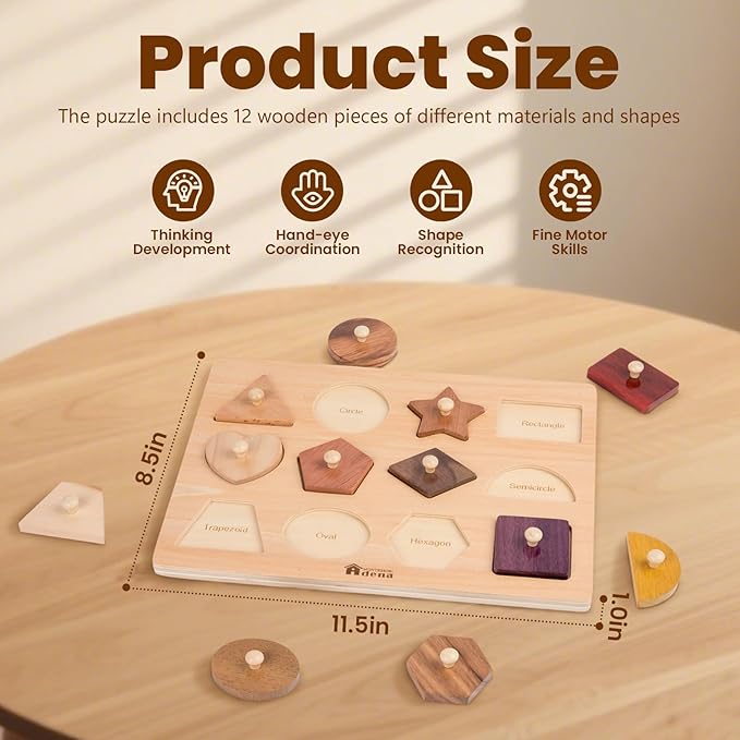 Adena Montessori Wooden Shape Peg 12 Piece of Colorful Shape Cognition Knob Puzzles Baby & Toddler Development Toy (12 Types of Materials)