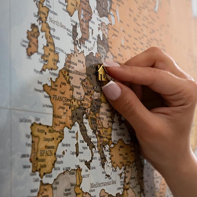 Canvas World Map with Cork Pin Board - English Lettering - Decorative Wall Decoration for All Rooms - Canvas Pictures with World Map Motif (70x50 cm, Pattern 14)