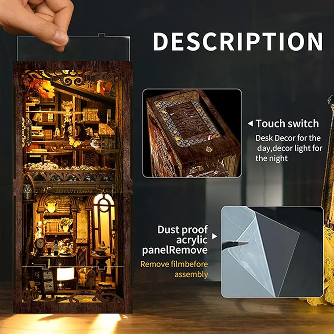 ISSEVE Book Nook Kit, DIY 3D Wooden Puzzle Dollhouse Booknook for Adults, Tiny Miniature House Kit Bookshelf Decor with LED Light and Dust Cover, Gifts for Family and Friends (Coffee House)