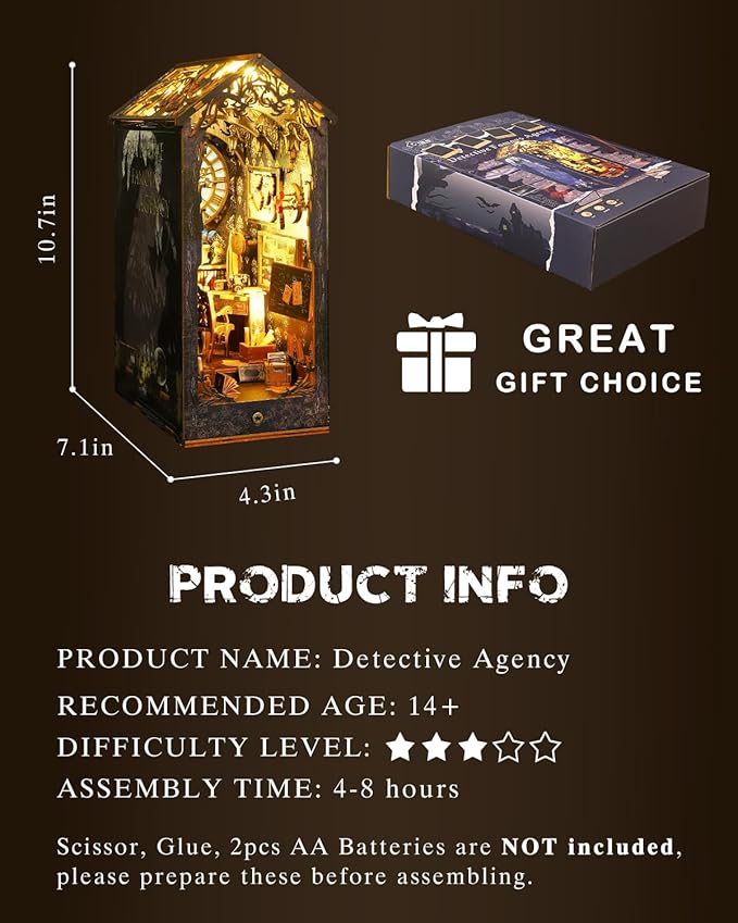 Book Nook Kit Detective Agency, DIY Booknooks Kit for Adults Teens with Sensor Lights, Bookshelf Diorama Miniature Scenes Insert Decor, 3D Wooden Puzzle Miniature House Kit Gifts