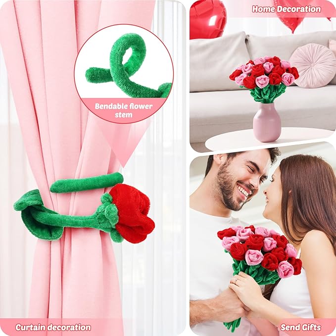 18 Pcs Plush Rose Flower Stuffed Bendable Stems Plush Bouquet Toy Soft Floral 12.6 Inch for Graduation 2025 Mother's Day Valentines Day Girl Girlfriend Wife Family and Friends(Red Pink Series)