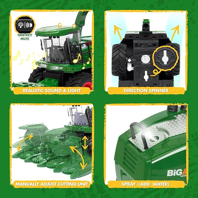 Remote Control Combine Harvester Tractor Toy, 1/24 Scale RC Harvester Toys for Kids with 2 Grian Heads/2 Rechargeable Batteries/Light, Farm Toys for 4 5 6 7 8 9 Year Old Boys Birthday Gift