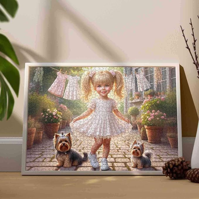 Tucocoo 1000 Piece Jigsaw Puzzle for Adults, Cute Girl with Yorkie Dogs in Flower Garden – Whimsical Courtyard, Vintage Aesthetic Puzzle for Relaxation, Family Games DIY Crafts Puzzles Wall Art Gifts