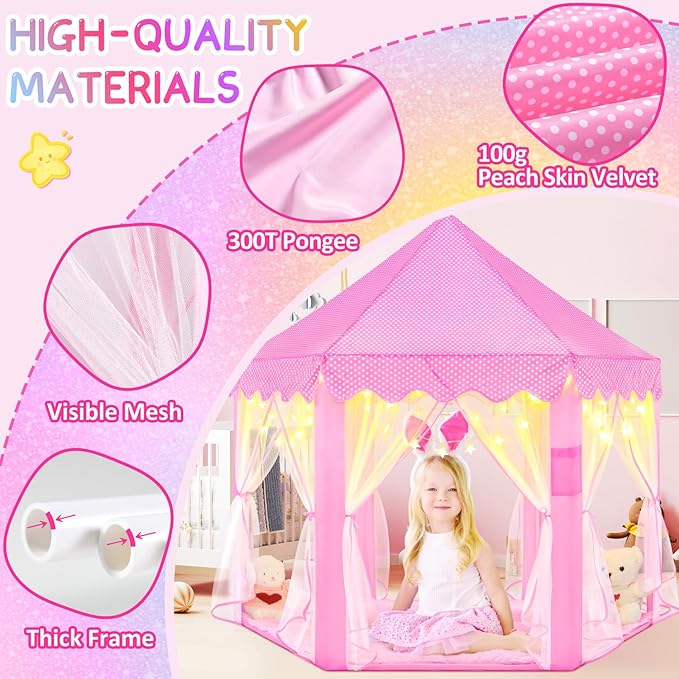 EVOIONOS Princess Tent with Lights and Rug, Play Tent for Girls, Kids Tent Indoor and Mat, Princess Castle Playhouse Tent for Girls, Pink Girls Tent for Toddlers, 55 x 53 inch Toy Tent