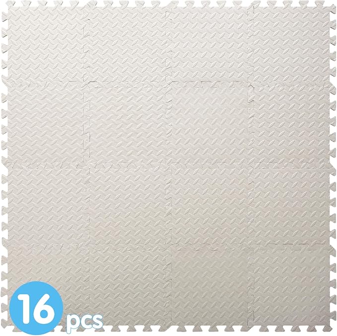 Coolcandy EVA Foam Play Mat, 16 Tiles Colorful Baby Play Mat, Square Kids Playmat with Solid Colored, 0.4" Thickened Interlocking Foam Floor Tiles, Puzzle Play Mat for Baby Crawling, Playing (White)