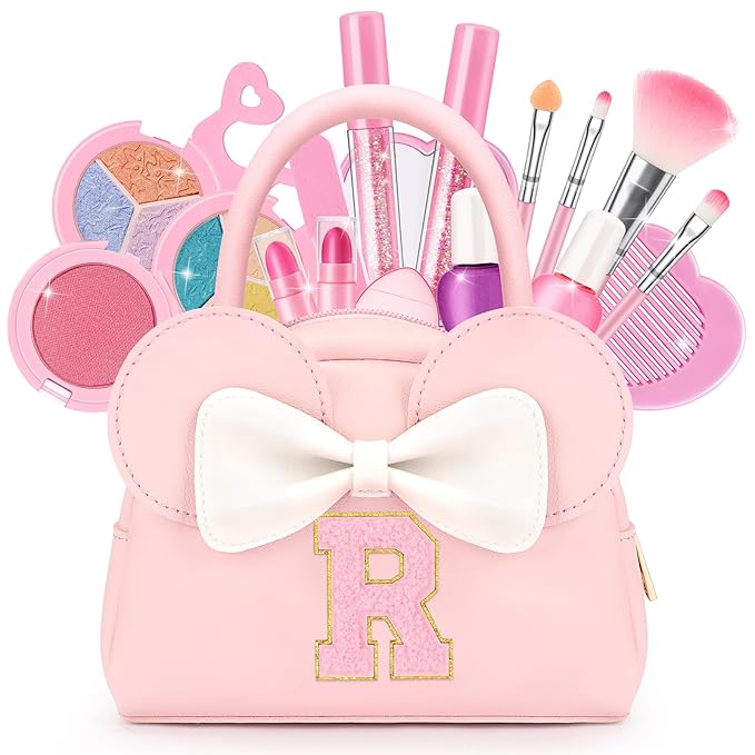 Kids Real Makeup Kit for Girls - 18Pcs Non-Toxic Washable Make Up Toys with Initial Toddler Purse - Personalized Birthday Gifts for Age 3 4 5 6 7 8 9 10 Years Old Girls Vanity Set - R