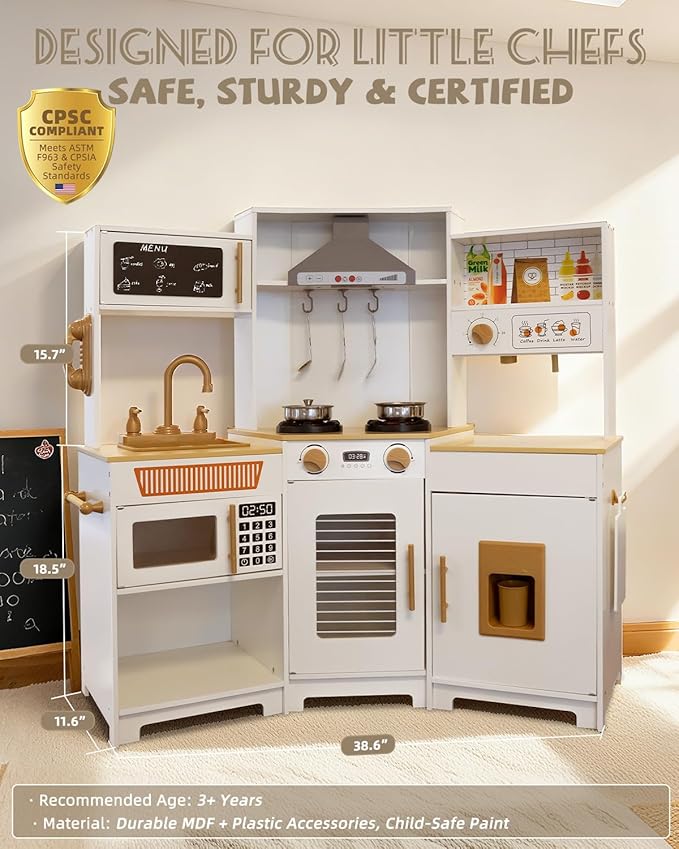 YUG Kids Play Kitchen Set with Real Lights & Sounds Toddler Kitchen Playset Including Stove, Oven, Ice Maker, Range Hood, Corner Pretend Kitchen Toy for Boys Girls Ages 3+, ASTM CPSIA Compliant