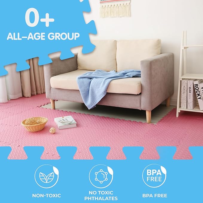 Coolcandy Solid Colored Foam Play Mat, 12"*12" Each Mat丨Non-Toxic Soft Baby Play Mat, 0.4" Thickened Square Interlocking Floor Mats - Toddler Playmat for Playing, Exercise(Pink/16 Tiles)