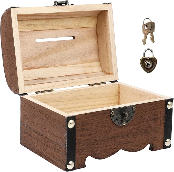 TOYANDONA Wooden Piggy Bank - Wood Treasure Chest with Lock and Key - Small Wooden Box Vintage Coin Bank Money Saving Box for Home Decor