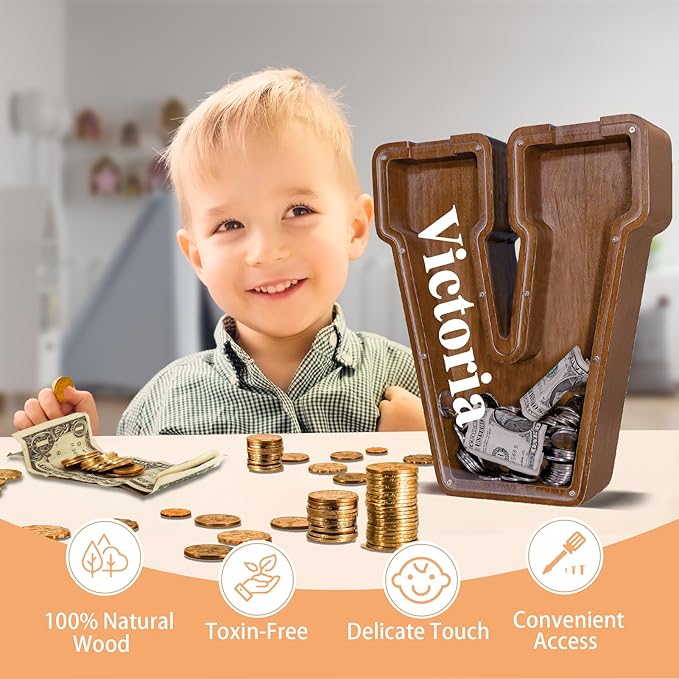 Wooden Letter Piggy Bank for Kids Larger Letter Piggy Bank for Boys and Girls Personalized Piggy Bank Initial Coin Bank Wood Kids Money Bank for Birthday and Festival
