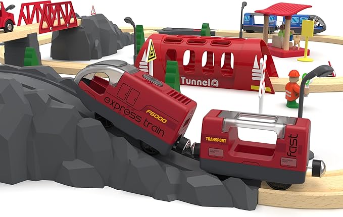 Toy Train Set Remote Control Locomotive Trains, Motorized Train for Wooden Track, Electric Train and Tunnel with Sound & Lighting Effect, Magnetic Trains Compatible with Thomas, Brio, Chuggington