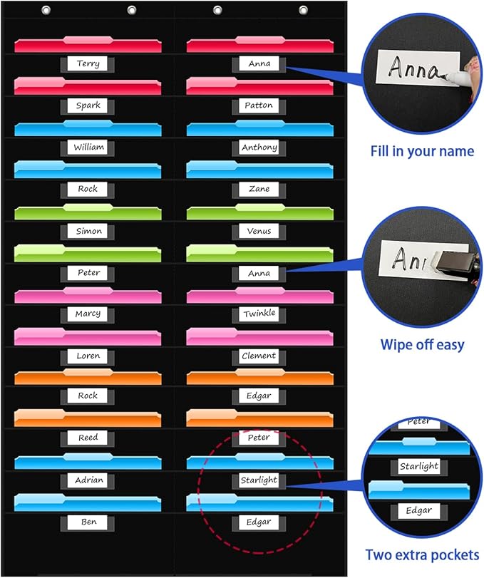 REGELETO 24 Pocket Storage Chart with Nametag Pockets, Hanging Wall File Organizer for Classroom and Office, Black
