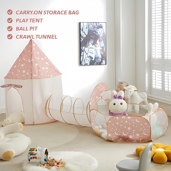 3 in 1 Kids Play Tent with Tunnel, Pop Up Play Tent with Ball Pits for Toddlers and Playhouse Kids Indoor & Outdoor, Perfect Kid’s Gifts