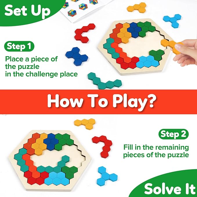 Wooden Puzzles,Geometric Shape Logic Hexagon Puzzle Toys Brain Teasers STEM Montessori Educatioanl IQ Board Games for Kids Boys Girls Ages 3+ (4 Pack)