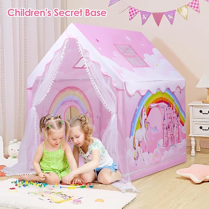 Kids Play Tent Pink Princess Tent for Girls, Large and Foldable Kids Playhouse with Windows, Portable and Lightweight Playtent Indoor &Outdoor for Gift to Toddlers