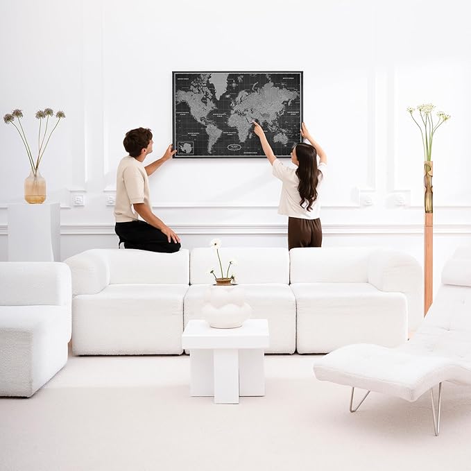 Canvas World Map with Cork Pin Board - English Lettering - Decorative Wall Decoration for All Rooms - Canvas Pictures with World Map Motif (90x60 cm, Pattern 7)
