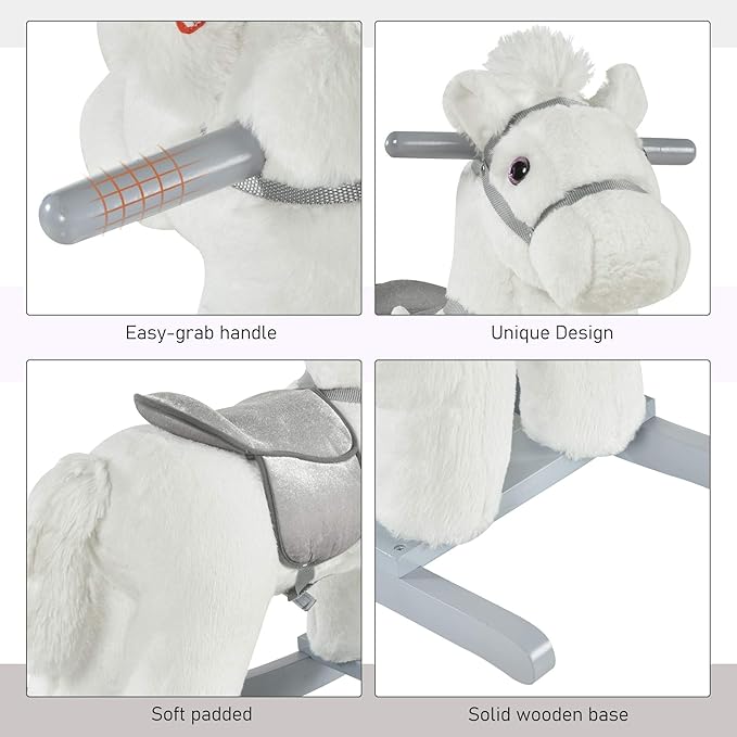 Qaba Kids Plush Ride-On Rocking Horse with Bear Toy, Children Chair with Soft Plush Toy & Fun Realistic Sounds, White
