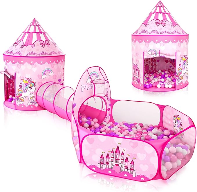 3pc Kids Play Tent for Girls with Ball Pit, Crawl Tunnel, Princess Tents for Toddlers, Baby Space World Playhouse Toys (3PC Princess Dream Tent)