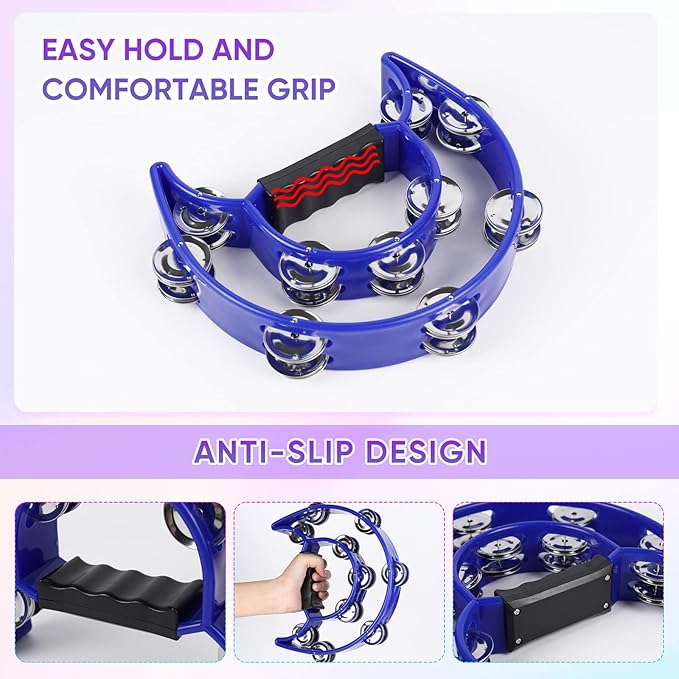 Tambourine Musical Instrument with Egg Shakers - Double Row Metal Jingles Tambourines Half Moon Handheld Percussion Gift for Adults Church Musical Education KTV Party Dance (Blue)