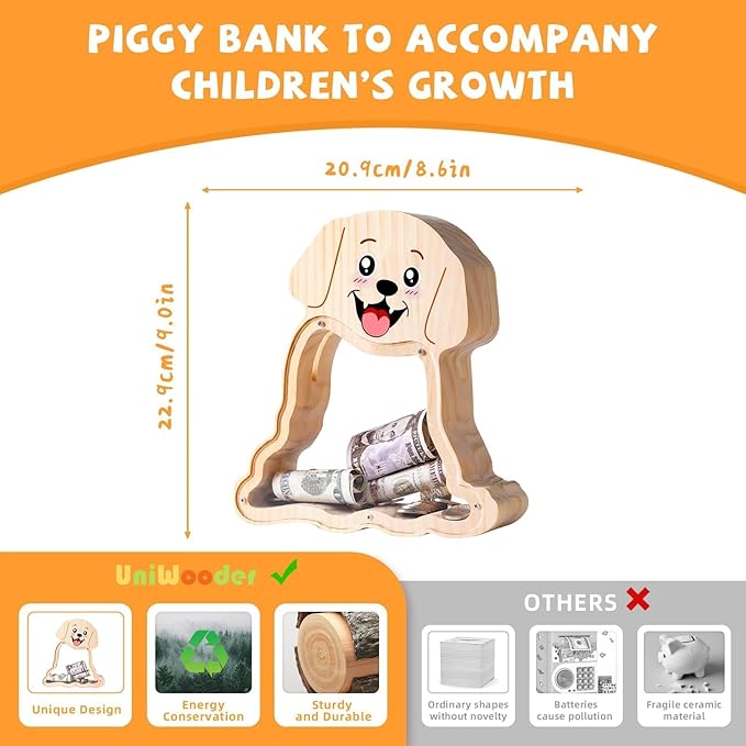 Wooden Dog Piggy Bank for Kids with Letter Stickers, Cute Labrador Large Money Box for Boys, Girls, Wooden Coin Bank, Piggy Money Jar Personalizable Gift, Educational Toy for Kids
