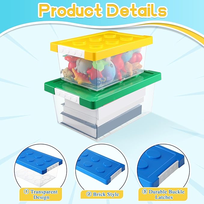 Vicenpal 4 Pack Toy Storage Containers with Lids Brick Shaped Kids Toy Organizer Box Plastic Clear Stackable Bin Chest for Building Block Dolls(Large, Small,Red, Yellow, Blue, Green)