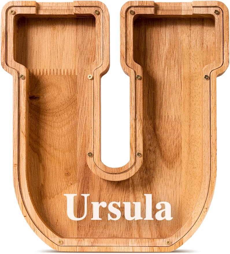 Summidate Customized Name Large Wooden Piggy Bank for Kids Boys Girls Alphabets Letter A-Z Coins Bills Money Change Bank Box Initial on Clear Cover (Laser Engraved) (Alphabet-U, Personalized-9")