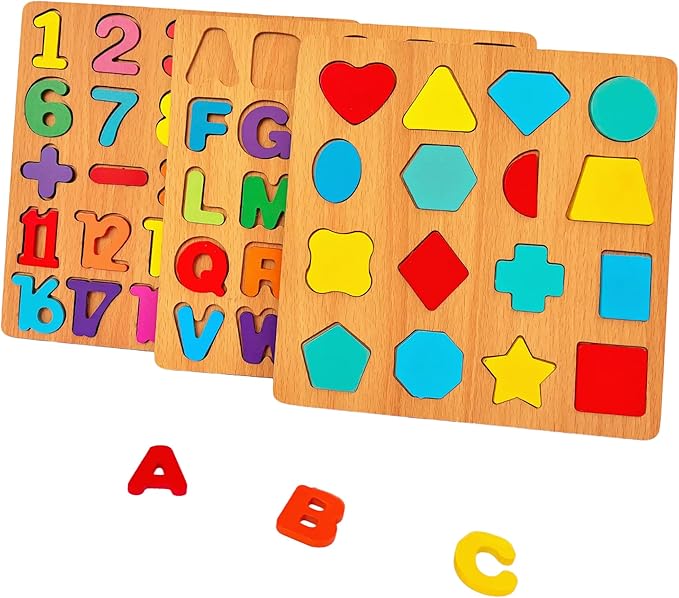 2PCS Wooden Alphabet & Shape Puzzles for Toddlers – Educational Learning Toy (Choose from 3 Combinations) (Alphabet & Shape)