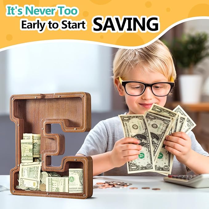 Summidate Large Wooden Piggy Bank for Kids Adults, Alphabets Letter A-Z Piggy Bank for Boys Girls, Coins Bills Change Bank Box Personalized Initial Name Kids Money Bank for Birthday Present and Decor