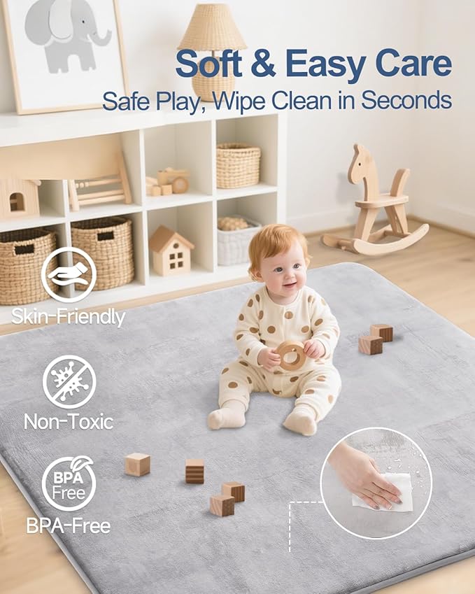 Large Thick Baby Play Mat for Floor,Padded 79x118 Foam Mat,Tummy Time Mats,Soft Support&Plush Feel Nursery Rug,Non Slip for Toddler,Infants,Kids Play,Yoga,Baby Crawling Mats (Light Grey)