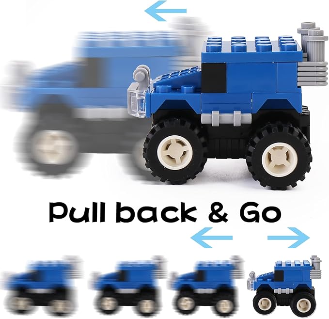 IAMGlobal 12 Mini Pull Back Cars Building Blocks Toy Set, Trucks Toy Vehicles Set Stem Toys, Party Supplies Gifts Party Favor for Kids, Goodie Bags, Birthday, Carnival Prizes