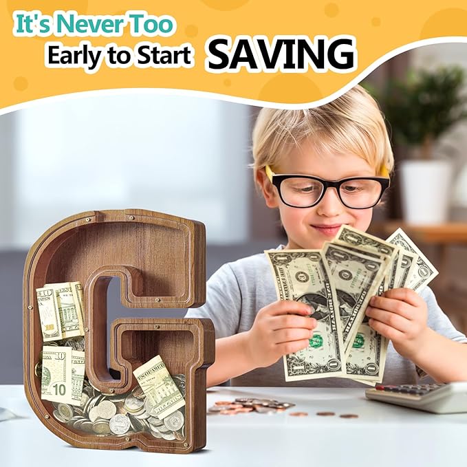 Summidate Large Wooden Piggy Bank for Kids Adults, Alphabets Letter A-Z Piggy Bank for Boys Girls, Coins Bills Change Bank Box Personalized Initial Name Kids Money Bank for Birthday Present and Decor