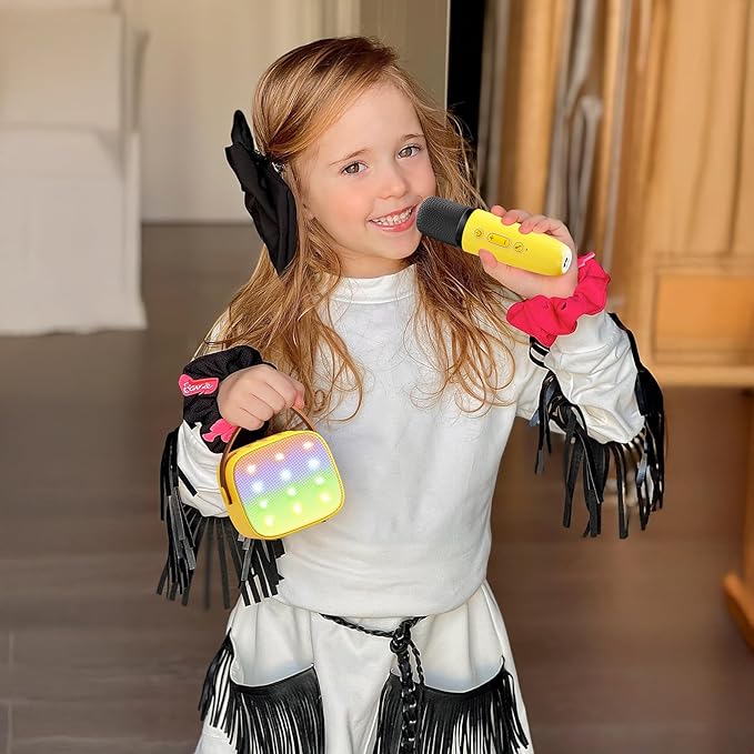 Mini Karaoke Machine for Kids Adults, Portable Bluetooth Speaker with 2 Wireless Microphones, Birthday Gifts Toys for Girls Boys Ages 3, 4, 5, 6, 7, 8, 9,10,11,12+ Years Old Toddler (Yellow)