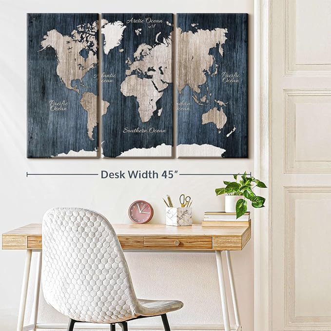ElephantStock Aged Blue World Map I Canvas - 3 Panel Wall Decor - World Map Digital Art - Blue Wall Art - 45" X 28"