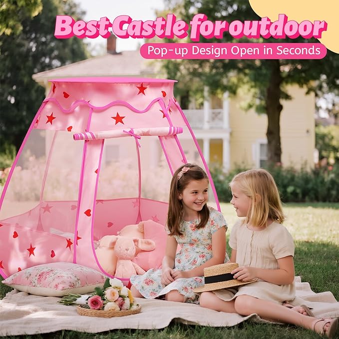 Pop Up Princess Tent with Star Light：Toy for Girl Birthday Gifts, Portable Ball Pit with Outdoor Carry Bag, Collapsible Kids Play Tent for Toddler Indoor Activity Playhouse, NO Balls(Pink)