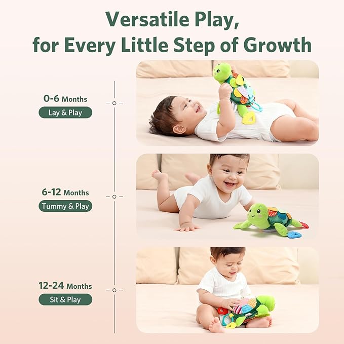 Turtle Baby Sensory Toy, Flip Scales & Multi-Textured Belly Montessori Activity Toy with Rattle Squeaker Teethers, Tummy Time/Crib/Stroller Toy,Educational Toy for 0-3 Years Newborn to Toddler