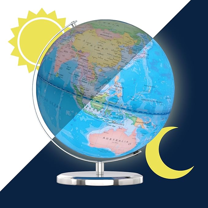 LED Illuminated World Globe with Chrome Rotating Stand – 3-in-1 Educational Tool for Kids & Adults, Interactive Learning Globe with Constellation Map, Lighted Display, 11 Inch