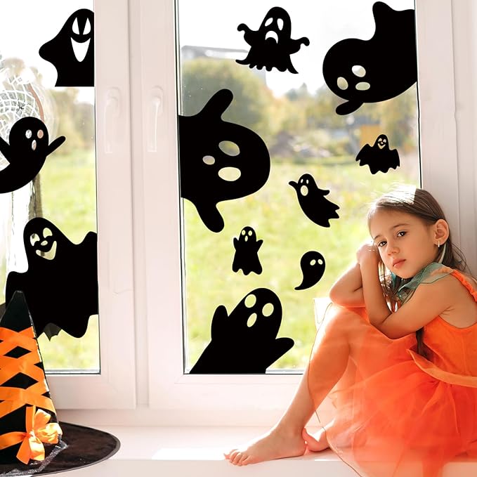 Whaline 9 Sheets Halloween Window Clings Black Ghost Silhouette Reusable Window Decals for Spooky Holiday Haunted House Home School Office Glass Decor