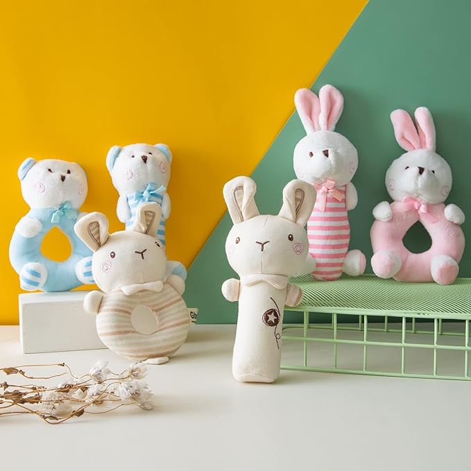 Plush Baby Soft Rattle Toys, Pink Bunny for Infants, First Stuffed Animal Shaker Set for Newborns, Soft Ring Sensory Toys for Infant Boys Girls, Baby Shower Gifts, 2 PCS
