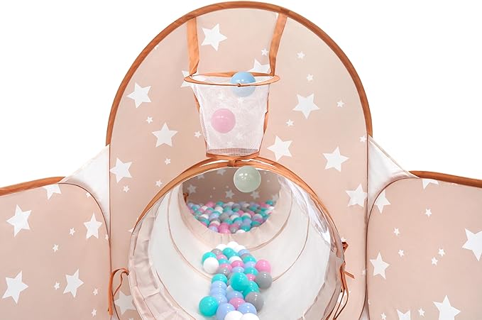 3 in 1 Pop Up Kids Play Tent with Tunnel and Ball Pit for Kids, Boys, Girls, Babies and Toddlers, Indoor/Outdoor Playhouse, Brown/Apricot