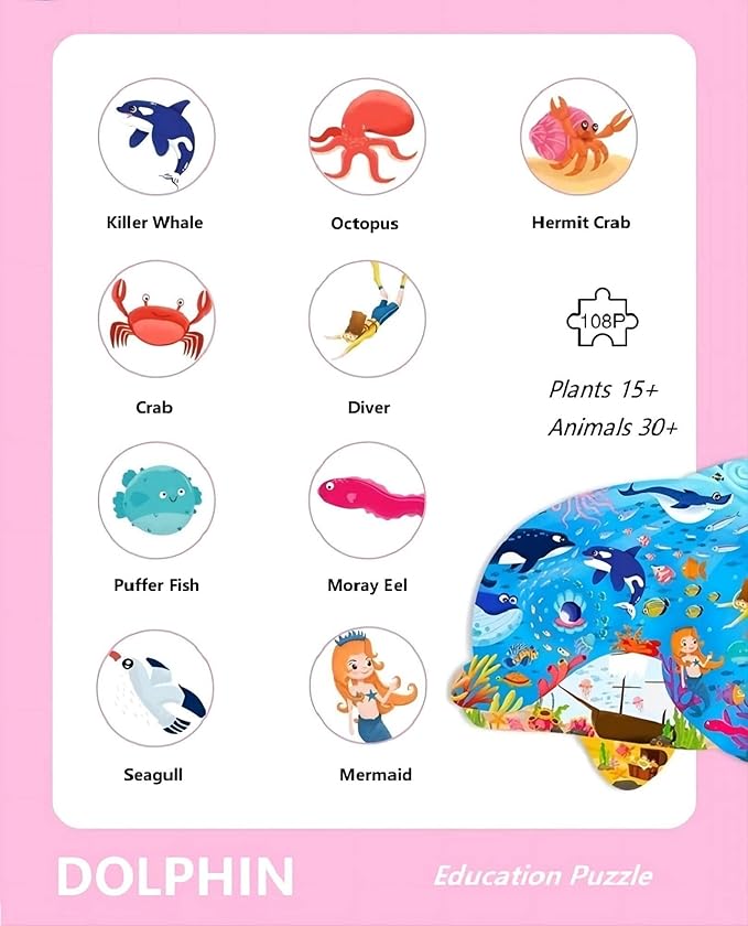 PINU Jigsaw Puzzles for Kids Ages 3-5, 6-8, 8-10, Children Colorful Fun Animal Shaped Puzzle Learning Educational Toys Gifts Games for Boys and Girls (Dolphin-108 PCS)