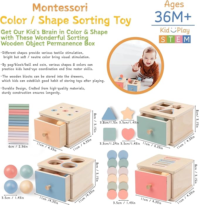 Montessori Toys for 2 3 4 5 Year Old - Wooden Object Permanence Box with Drawer Sensory Toys Shape Sorter Color Sorting Education for Baby Toddler Boy Girl Drop Busy Box (B-Blocks)