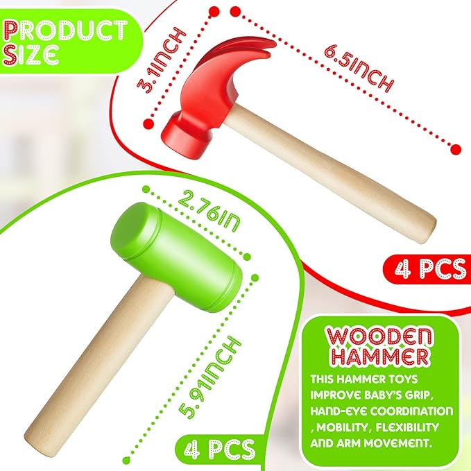 Deekin 16 Pcs Toy Hammer Simulation Small Wooden Plastic Maintenance Tools Hammers Educational Toys for Teens Girls Boys School Birthday Games Party Supplies (2 Style Toy Hammer)