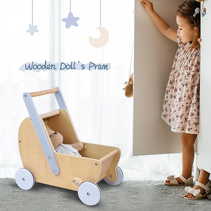 Wooden Baby Doll Pram Stroller, Baby Walker Push and Pull Doll Stroller, Wooden Toy Stroller for Toddler Boys Girls 18 Months and Up