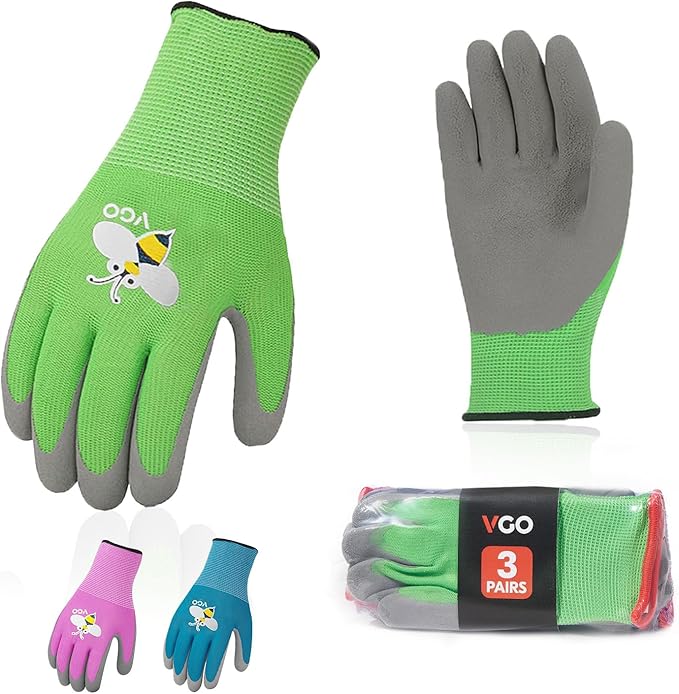 Vgo... 3-Pairs Age 7-9 Kids Gardening Gloves, Children Yard Work Gloves, Soft Safety Rubber Gloves (XS, KID-RB6013)