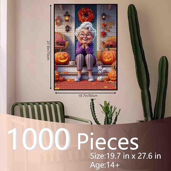Cheerful Grandma on Porch with Autumn Pumpkins 1000 Piece Jigsaw Puzzle for Adults Students 20×27 Inches Fall Jigsaw with Smiling Elderly Woman Halloween Decor Colorful Leaves Gift for Puzzle Lovers