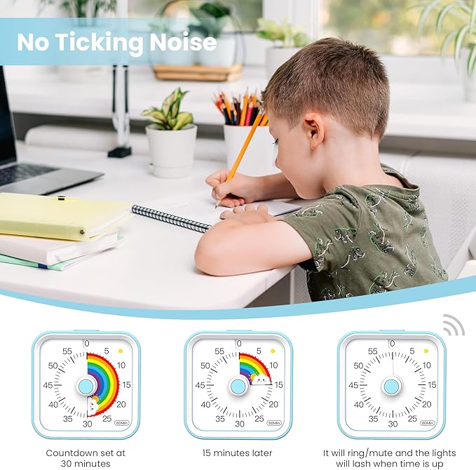 Visual Timer for Kids with Pause Function, Cute Silent Timer with Rainbow for Classroom, Teaching, Task, Kitchen, 60 Minute Countdown Time Management for ADHD (Rainbow Blue)