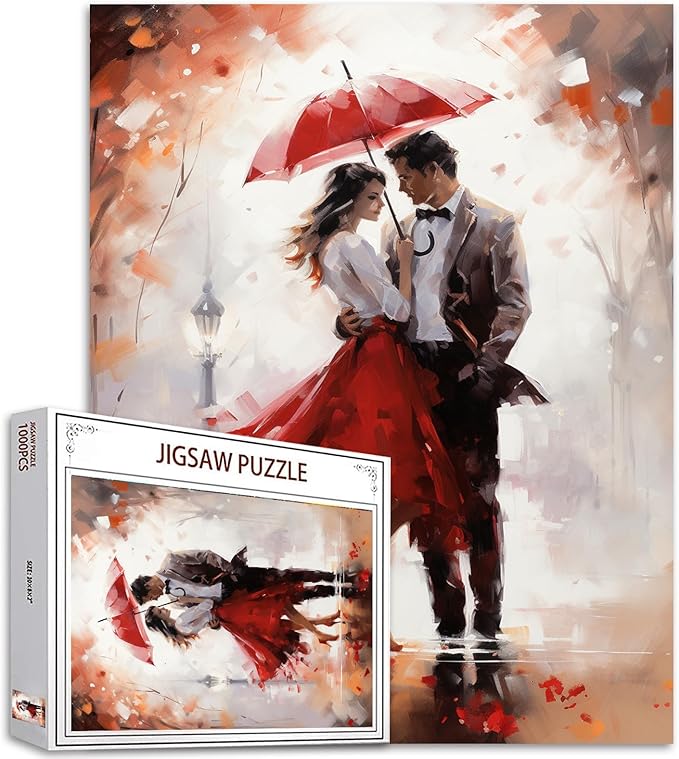 Tucocoo Romantic Couple Jigsaw Puzzle 1000 Pieces Puzzles for Adults, Street Lover Red Umbrella Jigsaw Puzzles for Challenging Family Activity Games Colorful DIY Handwork Puzzle for Home Decor Gifts