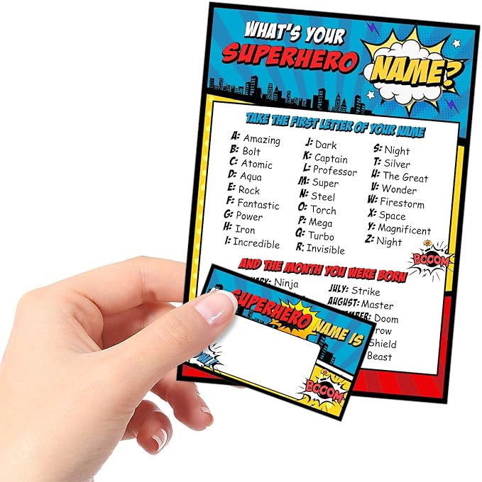 What is Your Superhero Name Game, Game Sign and 30 Cards, Superhero Birthday Party Sign for Boys, Holiday Activity, Kids Superhero Activity Cards, Superhero Activity Decoration Supplies